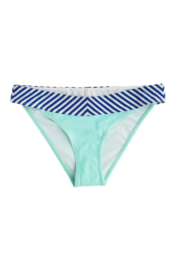 Bikini bottom back view with navy blue and white chevron stripe waistband and aqua color bottom