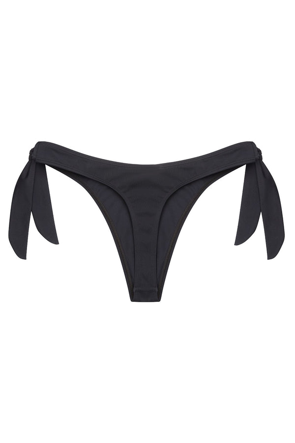 Serena Thong Bikini Bottom in black, back view ghost image, showing high cut leg, side ties.