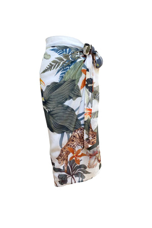 Women's beach sarong with tropical print and white background