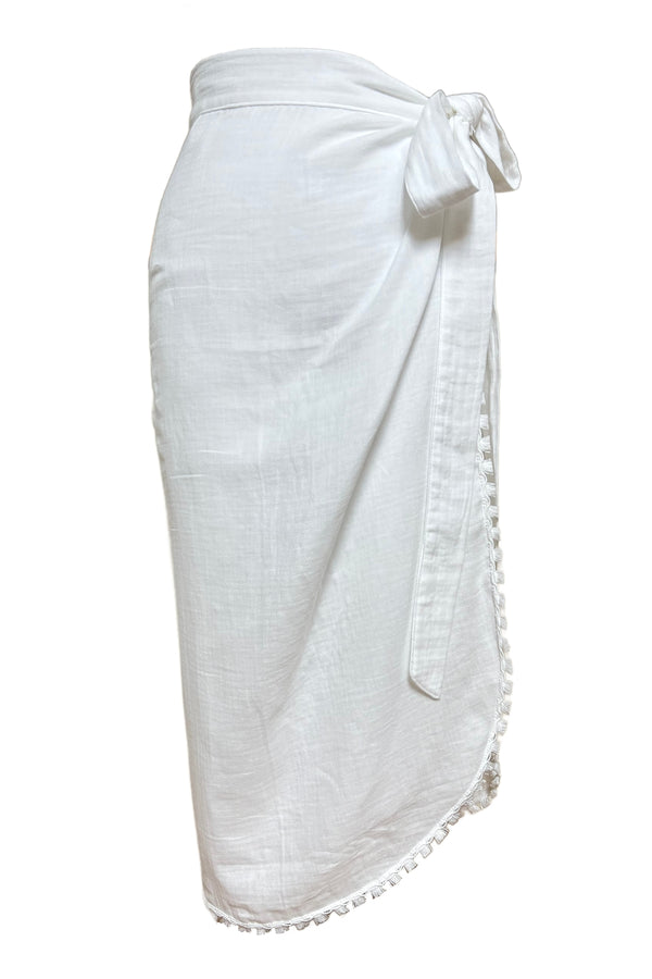White organic cotton Savannah Maxi Sarong with tassel trim.