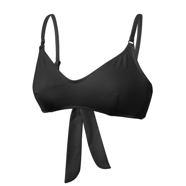 Bambina Swim black two piece bikini top, ring detail on strap, adjustable straps, tie back