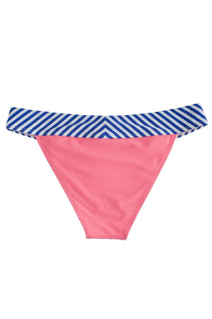 Bikini bottom back view with navy blue and white chevron stripe waistband and coral color bottom