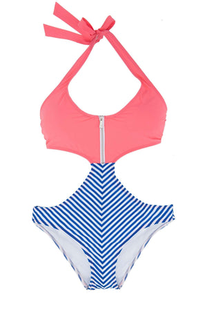 Halter monokini swimsuit with coral color on top with zipper and bottom navy blue and white stripe