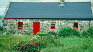 Stone cottage in rural ireland with red windows and doors set behind green grass and wildflowers