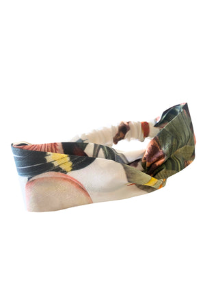 Bambina Swim Cardamom headband  ghost image flat lay view showing twisted top detail and elastic bottom.