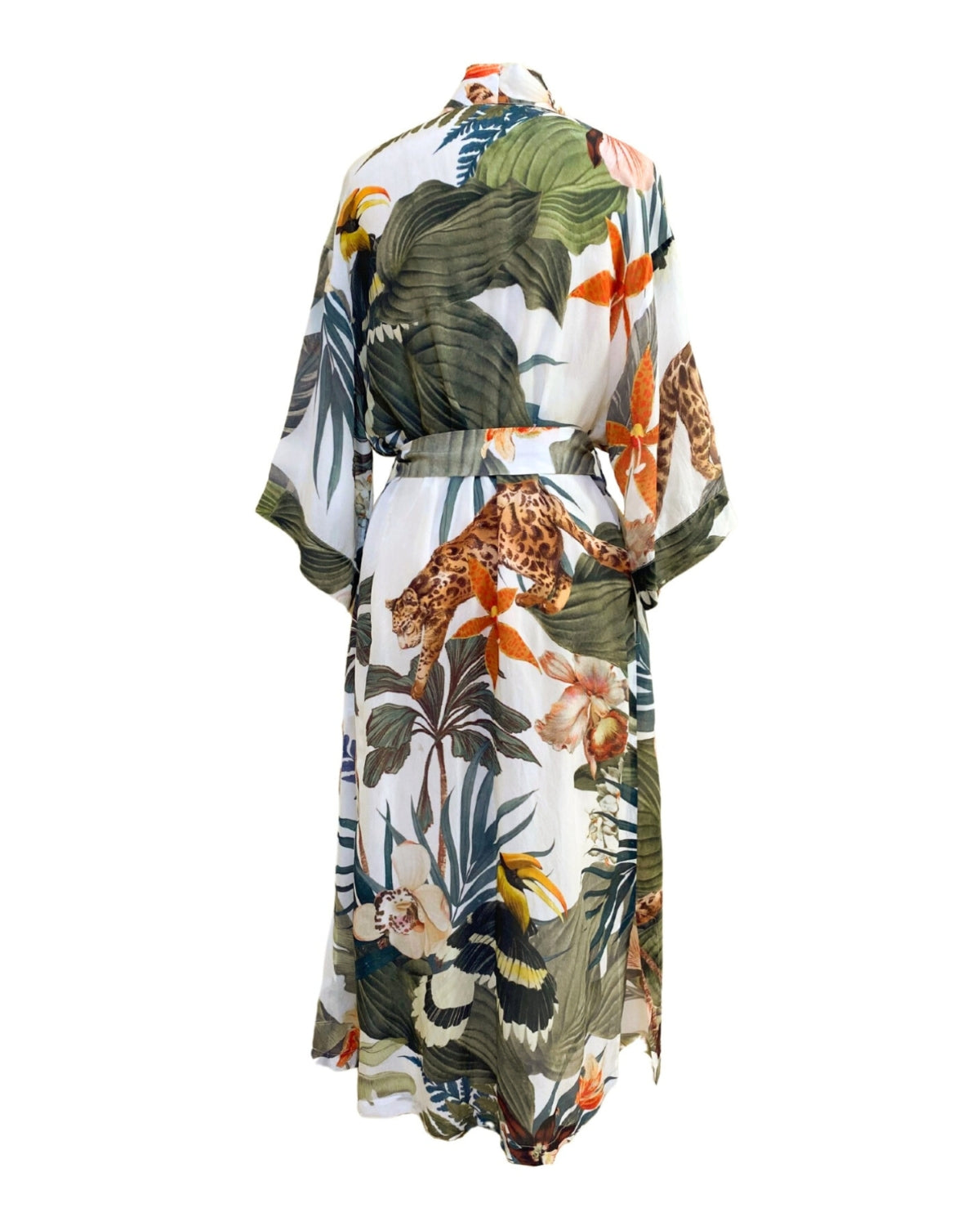 Bambina Swim Cardamom robe in tropical print, back ghost image showing smooth fit and natural drape.