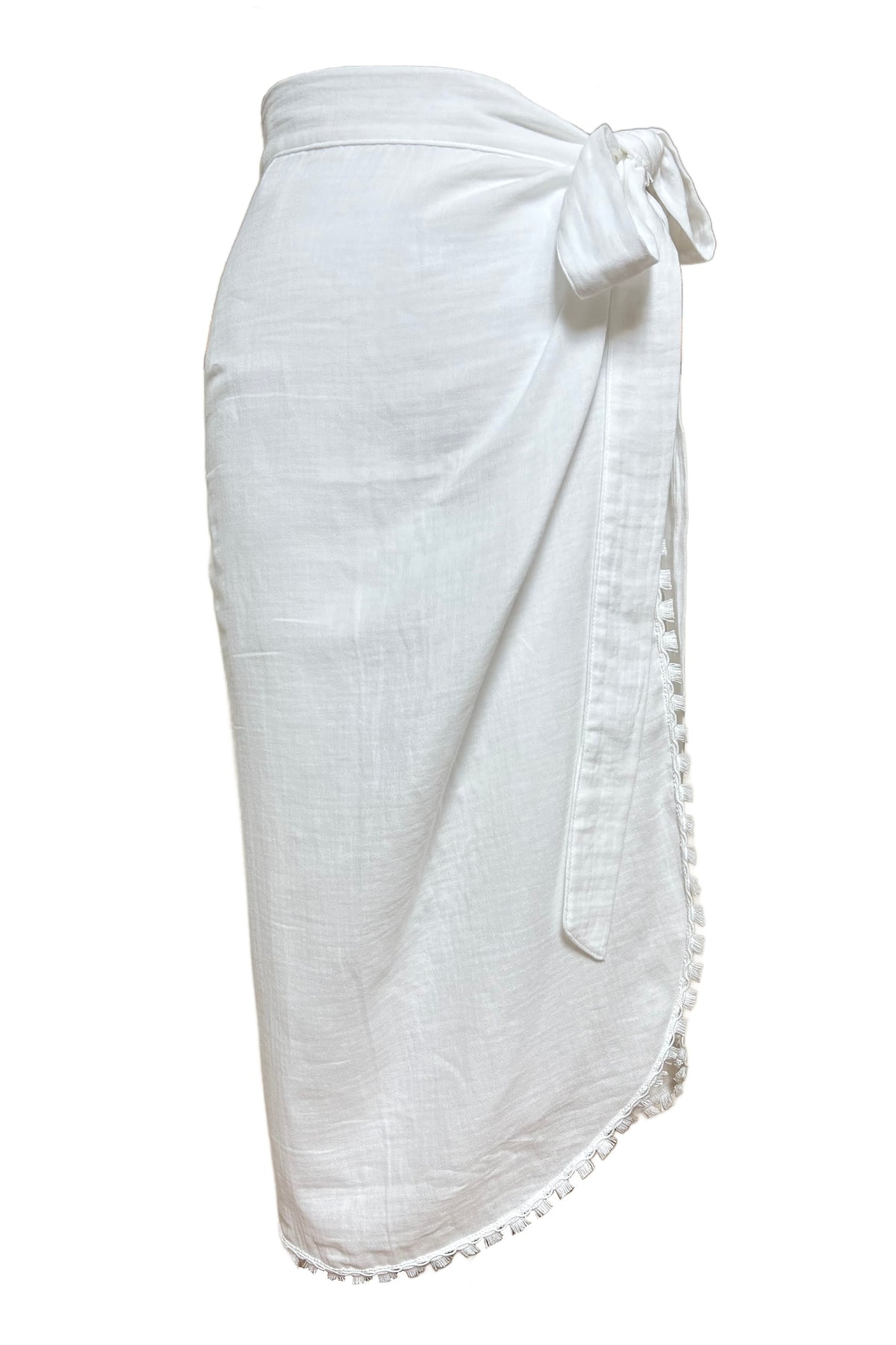 Savannah Maxi Sarong in white, ghost image showing wrap side-tie and white tassel trim detail.