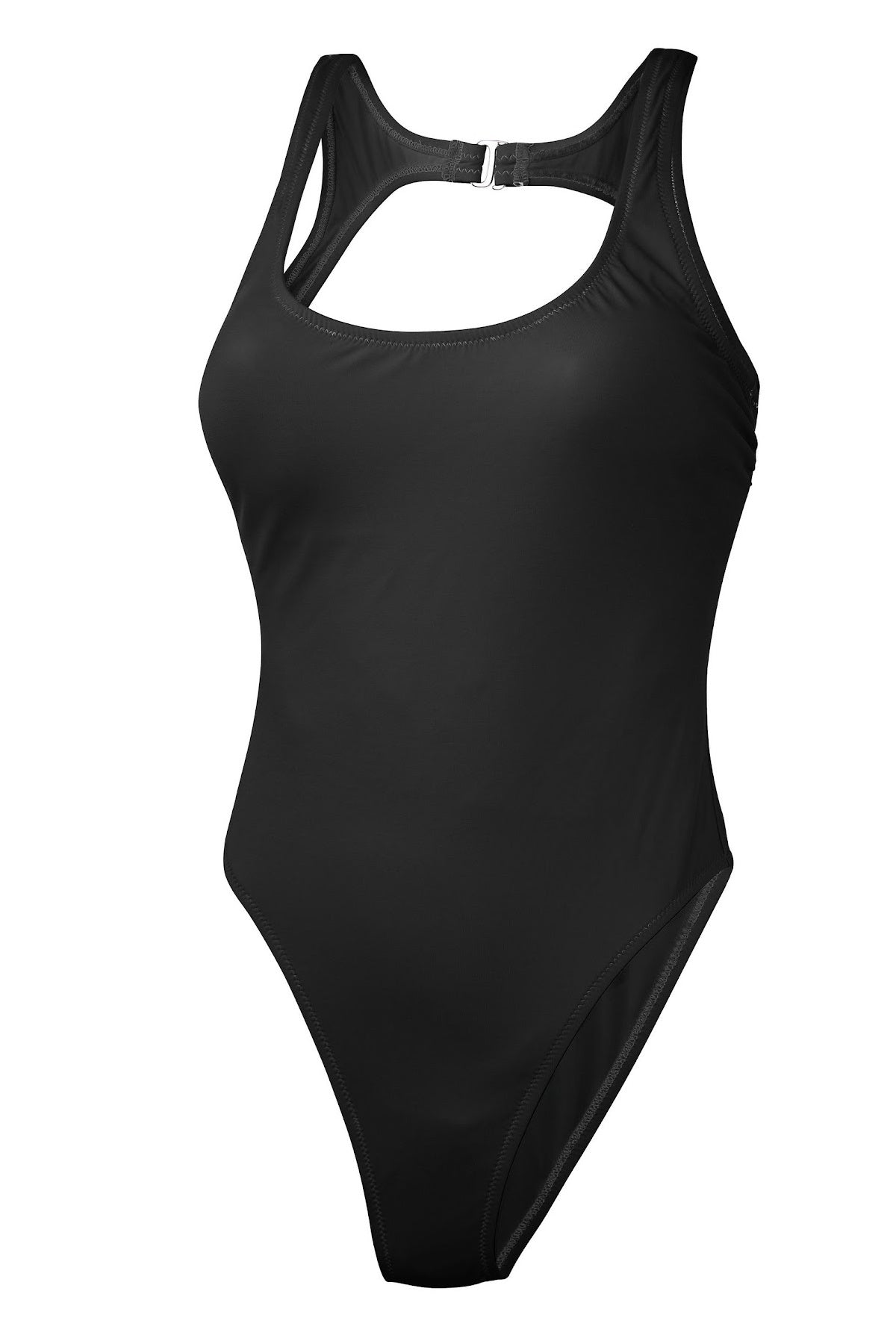 Cari One-Piece in black, ghost image front view, showing back clasp closure, and scoop neck front.