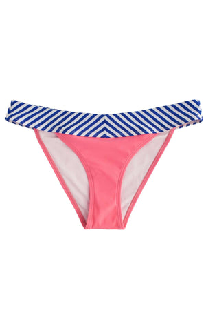 Bambina Swim cheeky bikini bottom with navy blue and white chevron stripe waistband and coral color bottom