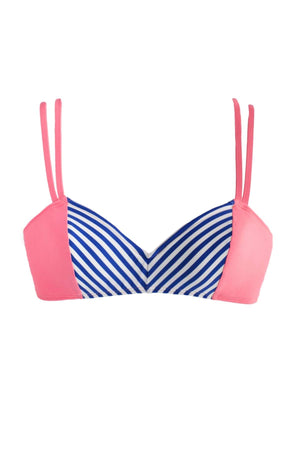 Bambina Swim coral two piece bikini top with navy and white chevron stripe detail, double adjustable straps