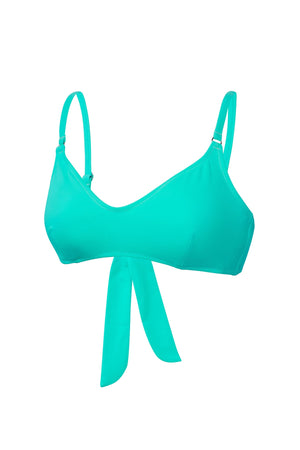 Bright green two piece bikini top by Bambina Swim, ring detail, adjustable straps, tie back