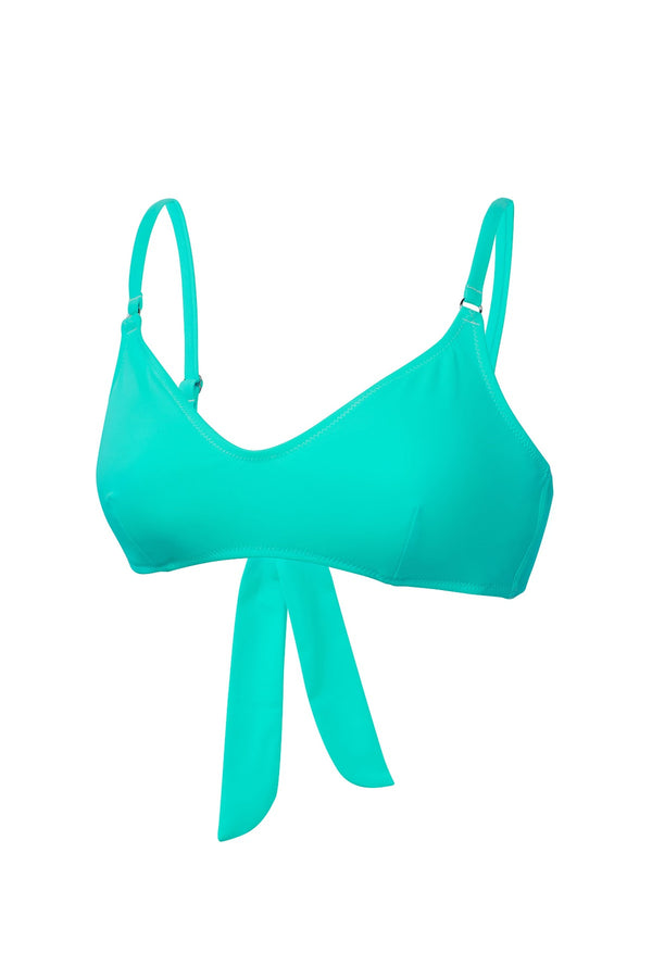 Bright green two piece bikini top by Bambina Swim, ring detail, adjustable straps, tie back