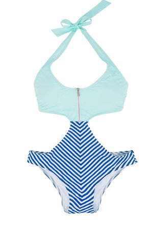 Halter top monokini, aqua on top with zipper, bottom navy blue and white stripe