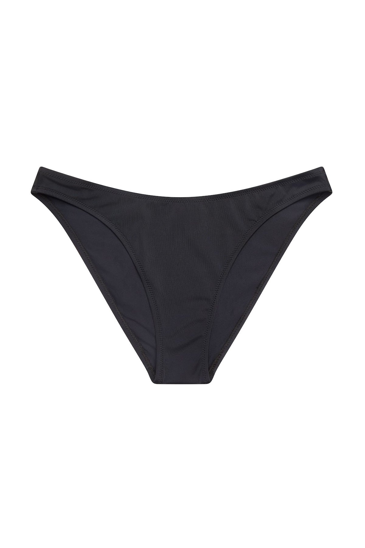 Kailini Bikini Bottom in black, front ghost image, showing high-cut leg and clean edges.