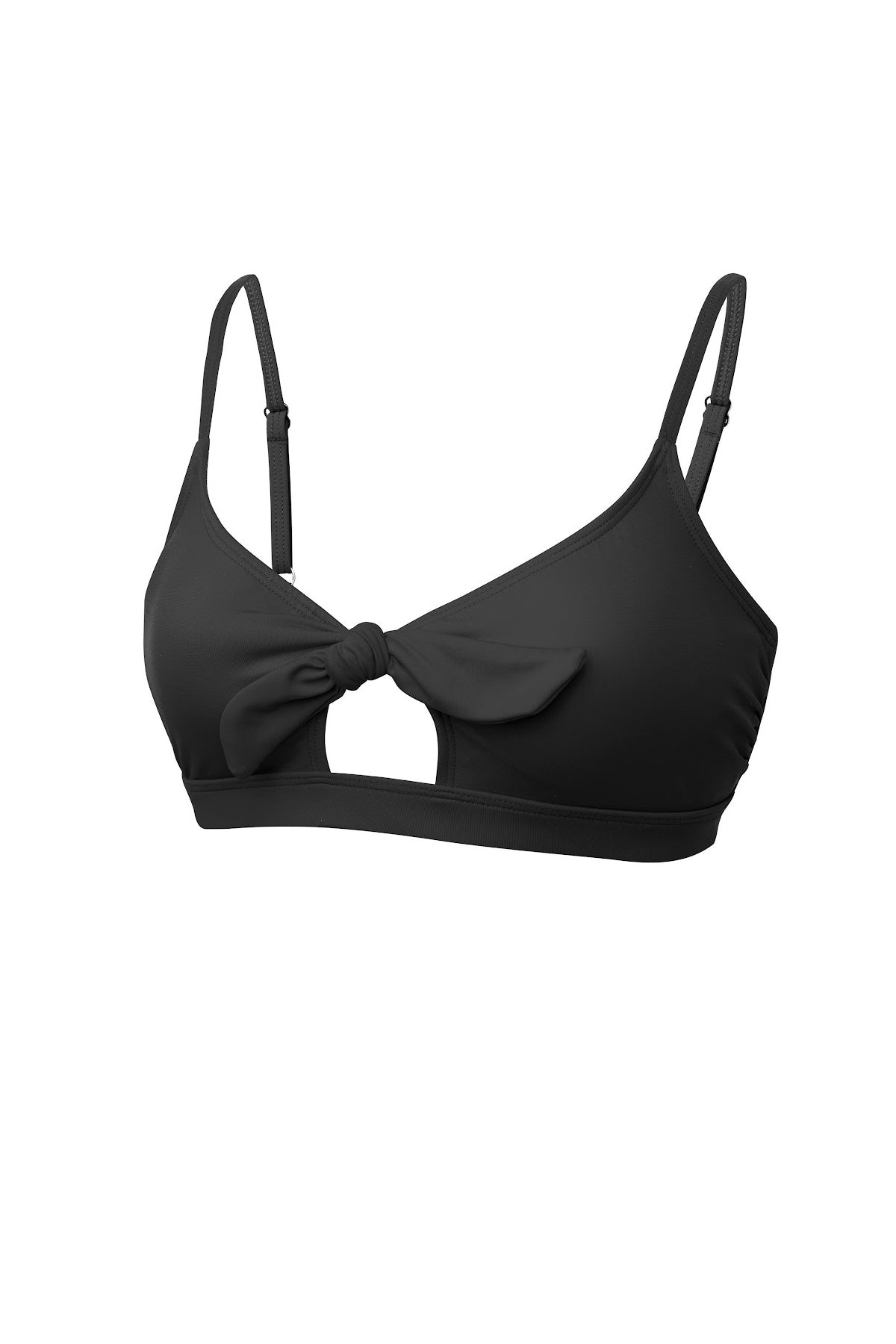 Marina Bralette in black, ghost image front view showing tie front and adjustable straps.