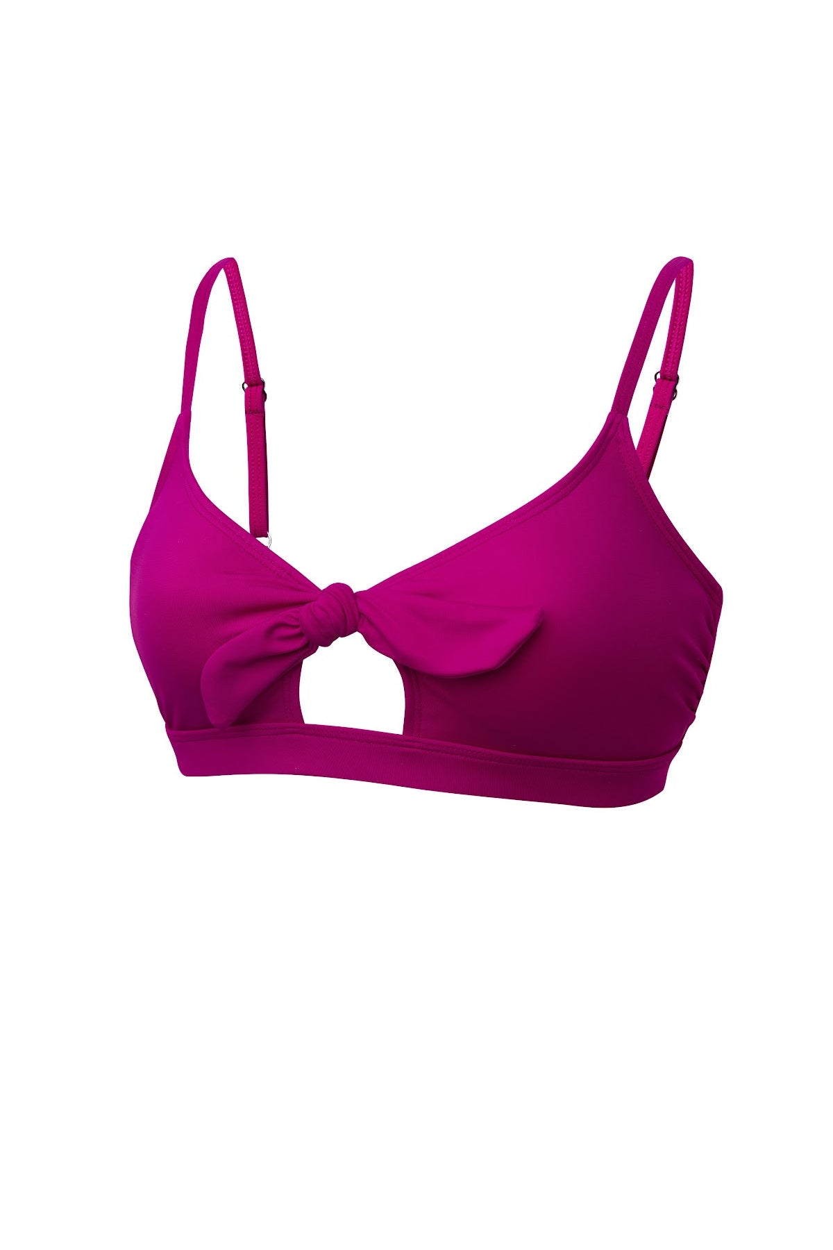 Marina Bralette in raspberry, ghost image front view showing front tie and adjustable straps.
