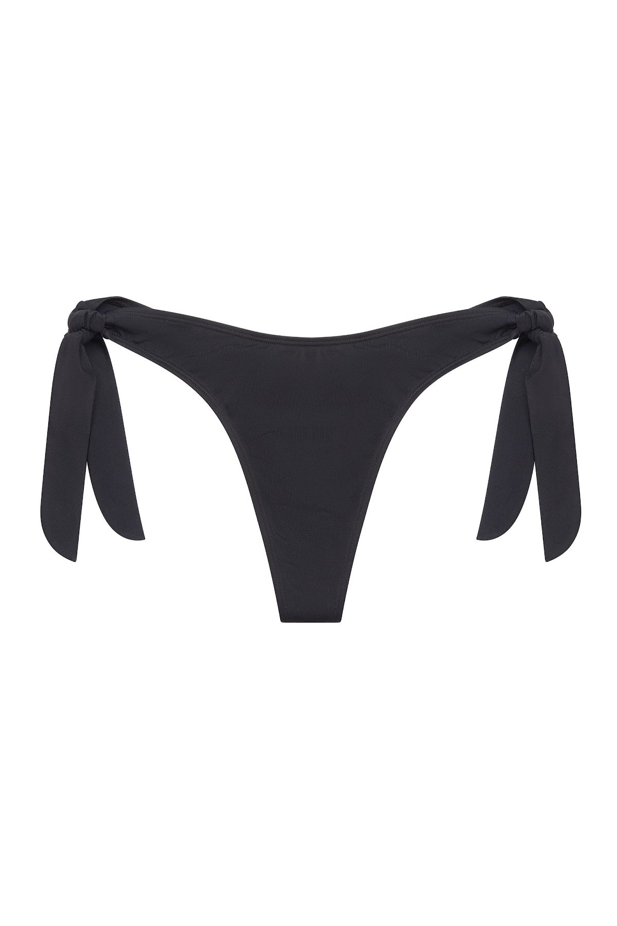 Serena Thong Bikini Bottom in black, front view ghost image, showing high cut leg and side ties.