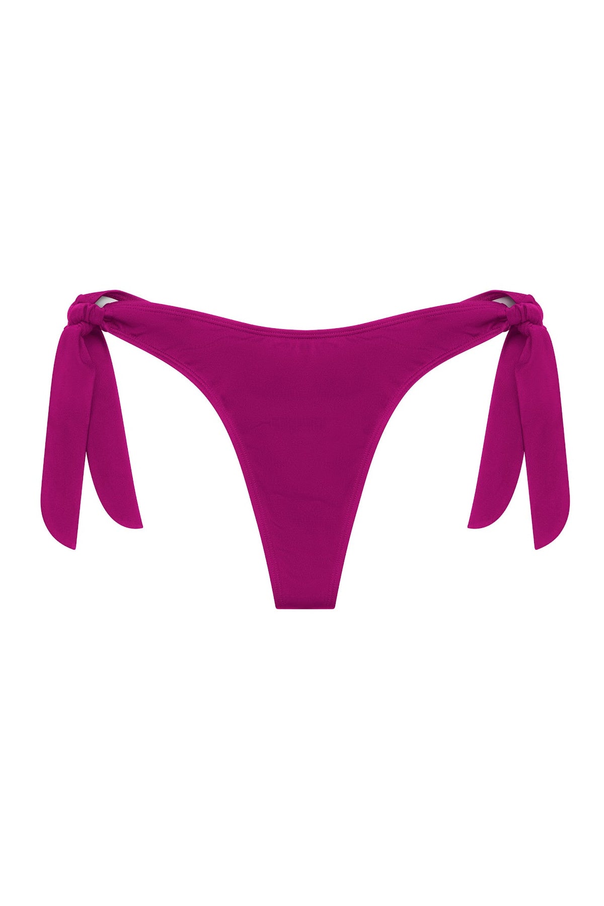 Serena Thong Bikini Bottom in raspberry, ghost image front view, showing high cut leg, side ties.