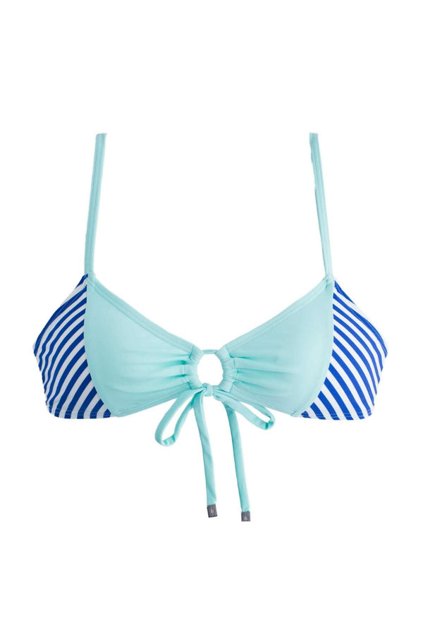 Tie front bikini top with tie in front, aqua color front with navy blue and white stripe sides