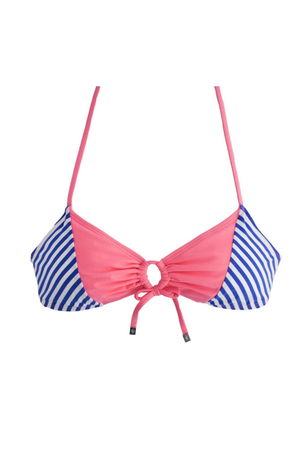Tie front bikini top with coral color in middle and navy blue and white stripes on sides