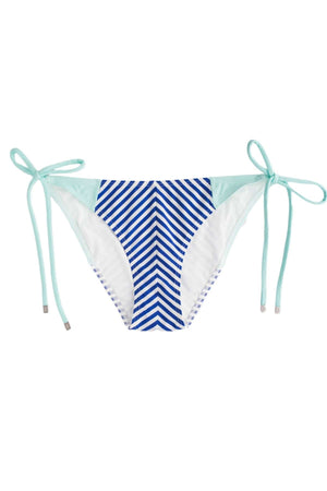Tis side bikini bottom, navy blue and white stripes in middle and aqua color on sides