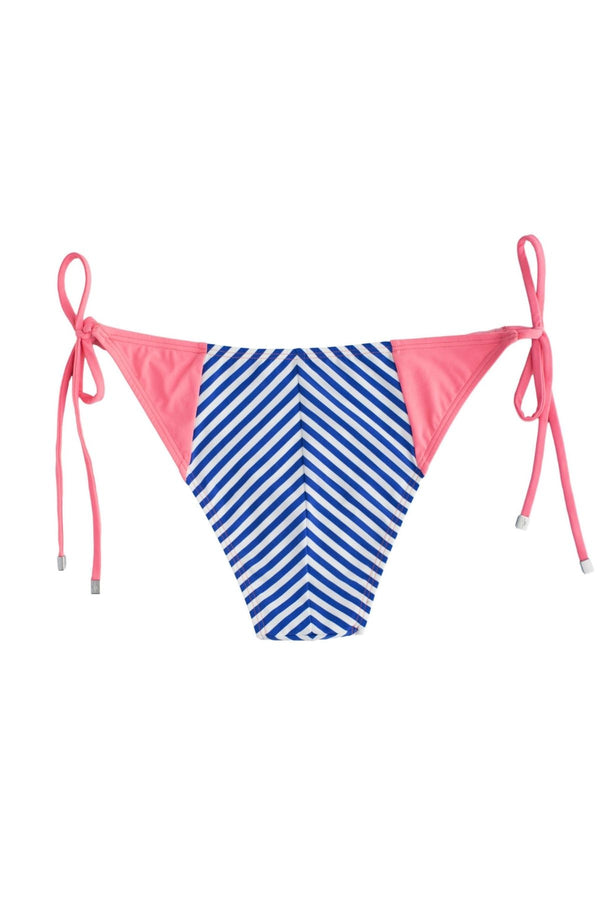 Tie side bikini bottom back view with navy blue and white stripes in front and back and coral color on sides
