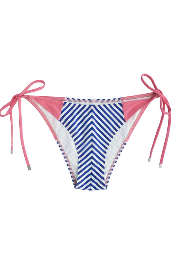 Tie side bikini bottom with navy blue and white stripes in front and and back and coral color in middle